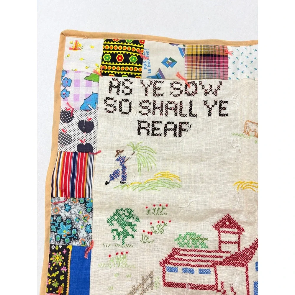 VTG Handmade Cross Stitch Quilted Patchwork Farmhouse Wall Hanging Galatians 6:7